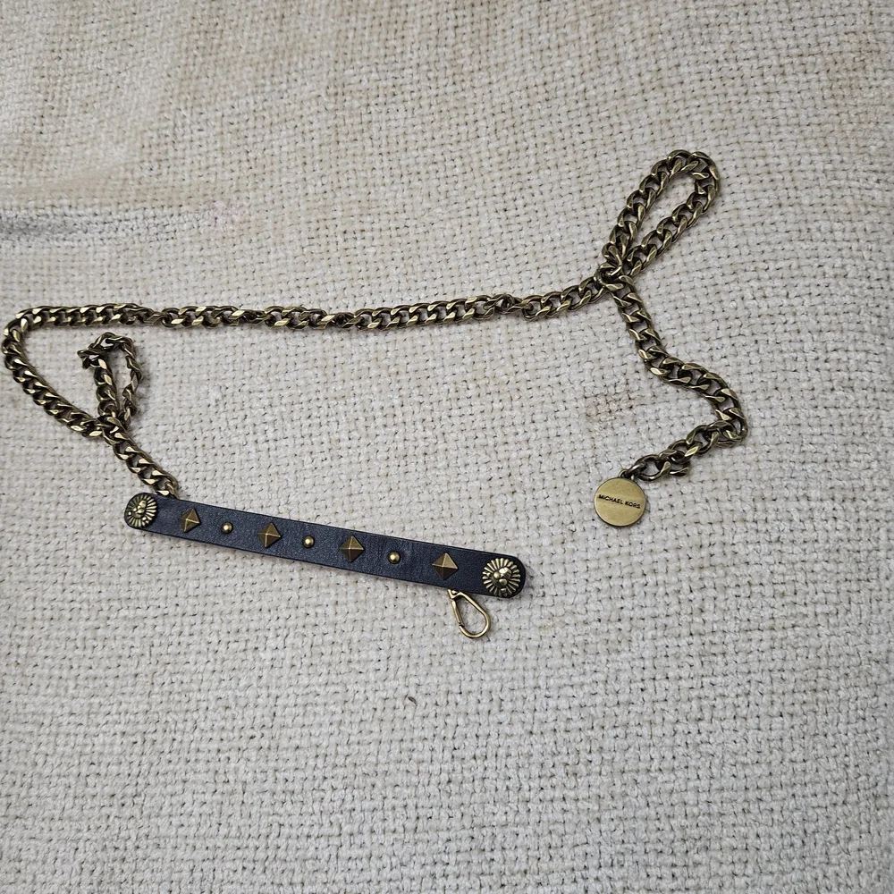 Michael Kors Gold and Black Studded Faux Leather Chain Belt.